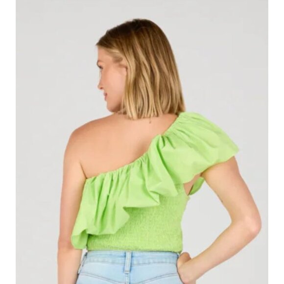 Vestique Cropped One Shoulder Top Womens M Green Ruffle Beachy Resort Glam Vaca - Picture 2 of 12